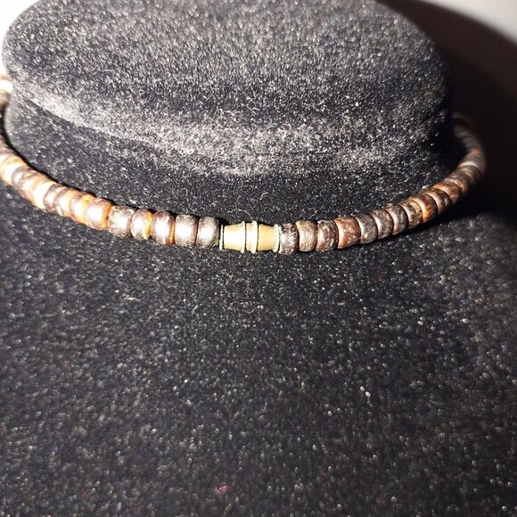 Handcrafted Heart Pendant Necklace With Beaded Brown Tones & Mosaic Shell Design - Picture 5 of 9